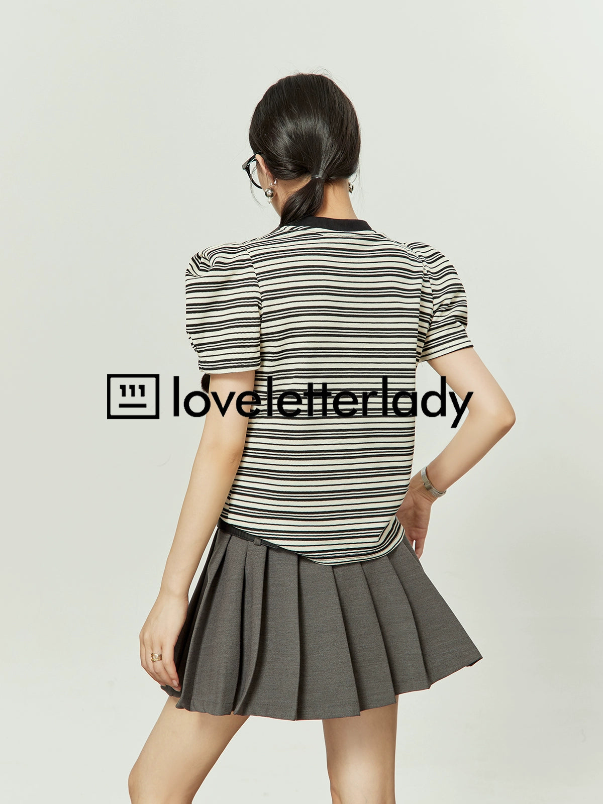 Puff Sleeve Striped Tops / Pleated Skirts LLA0244