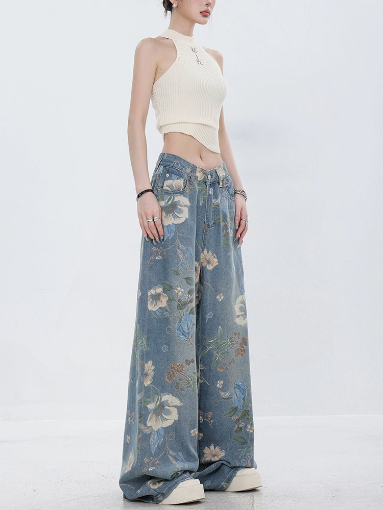 Flower Design Wide Denim Pants ABW0013