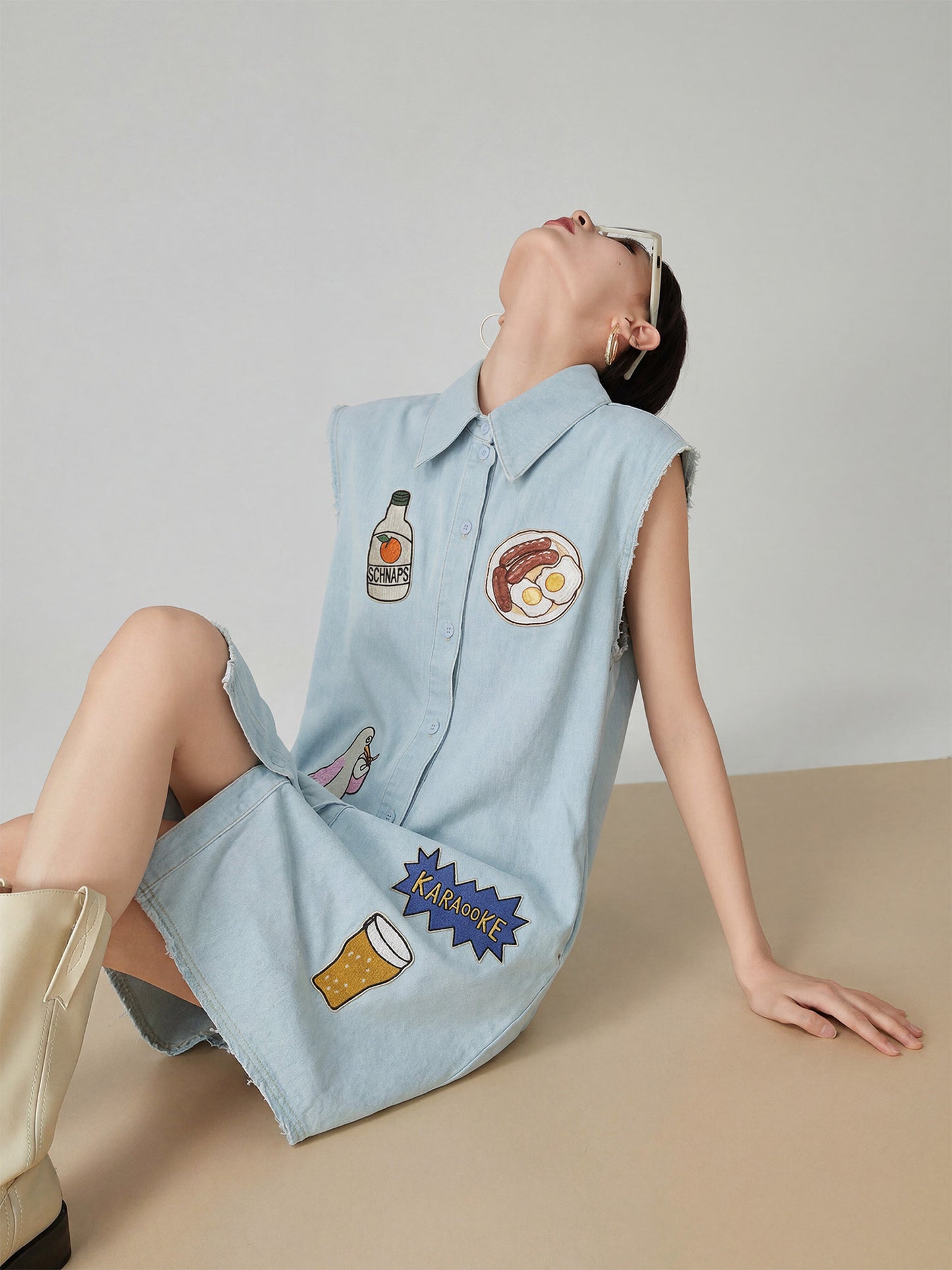 Patchwork Sleeveless Denim Shirt Dress FER0204