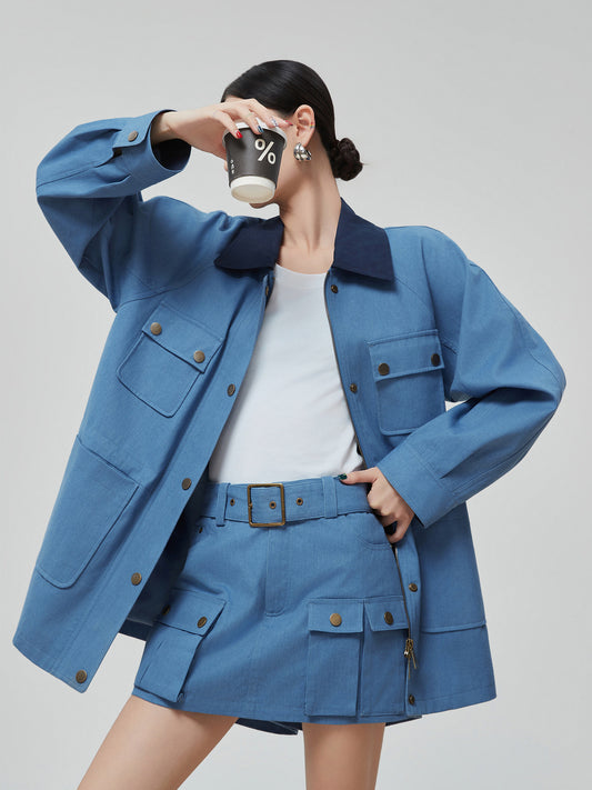 Blue Turn Collar Jacket / Work Skirt FER0376