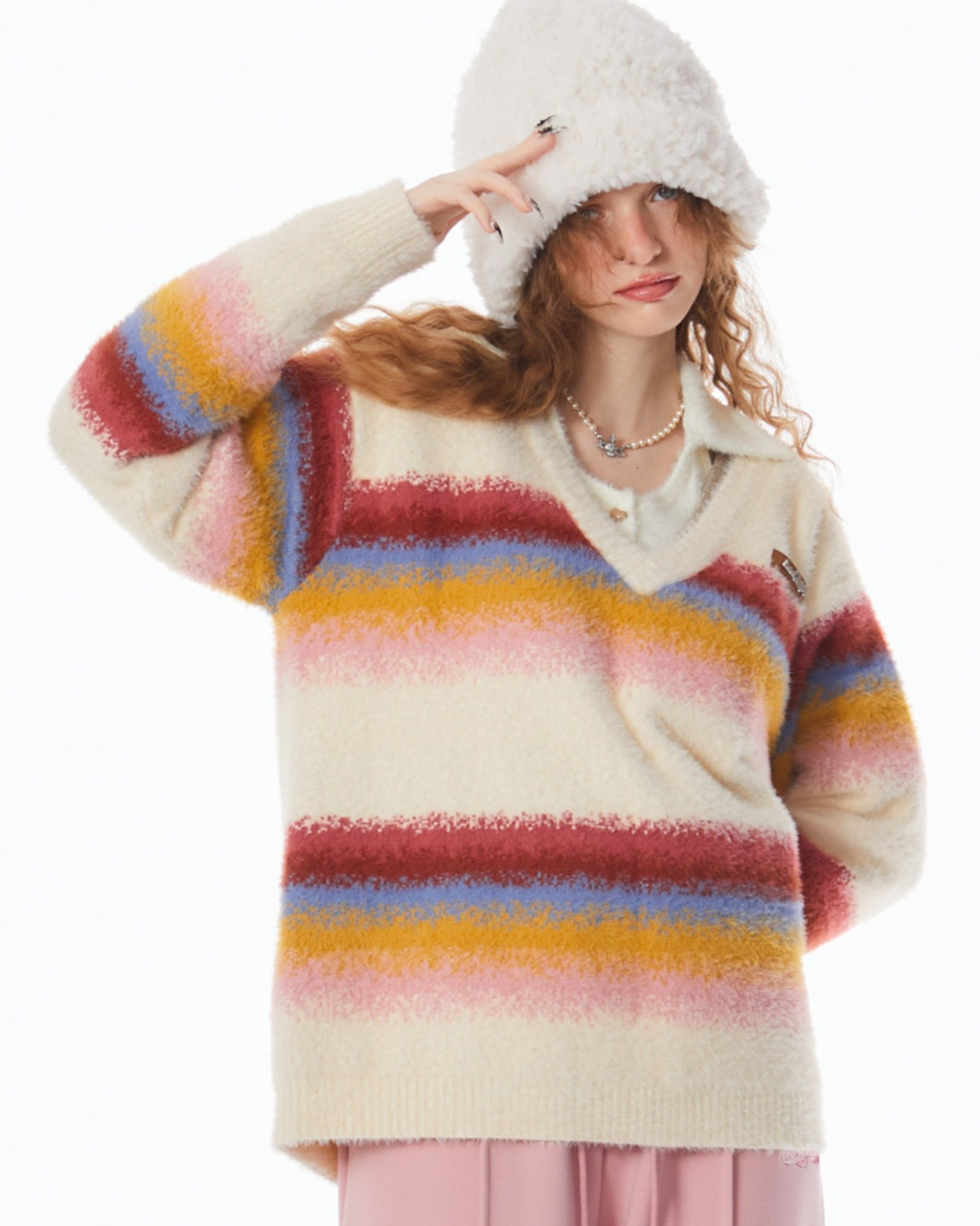 Stitching Rainbow stripes V-neck Sweater ZZF0021