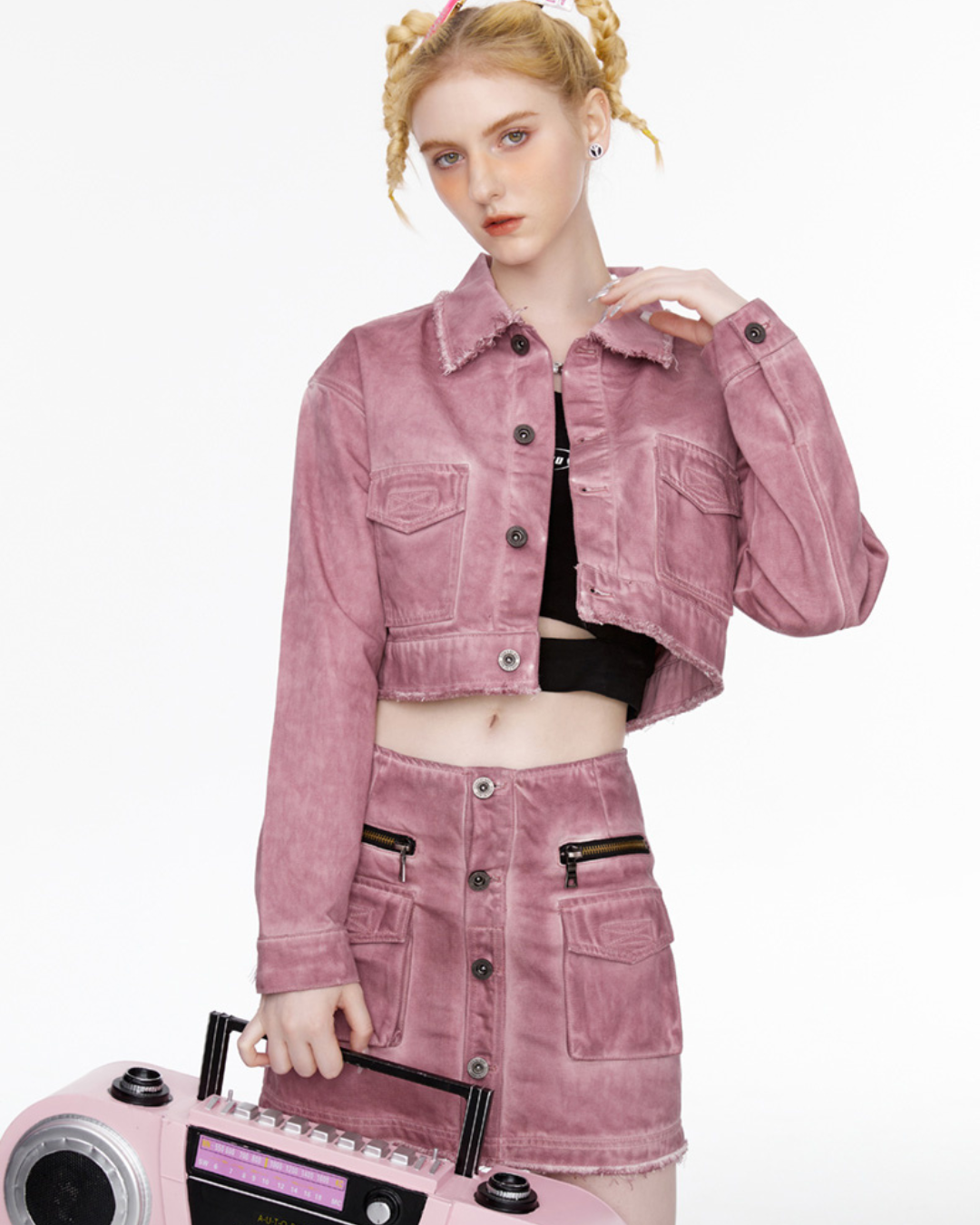 Damaged Pink Denim Jacket＆Skirt GUK0031