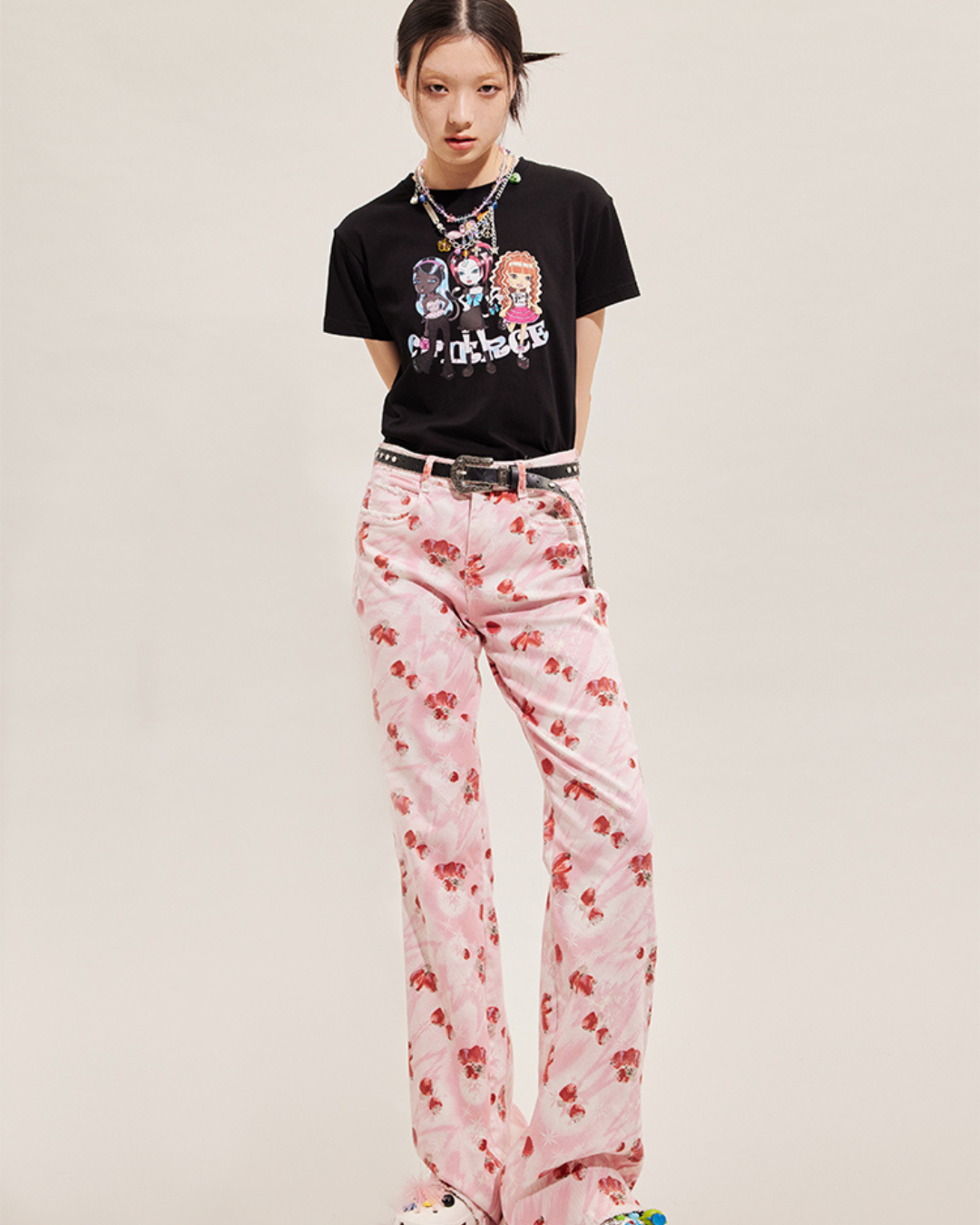 Strawberry Printed Denim Flared Pants CRC0057