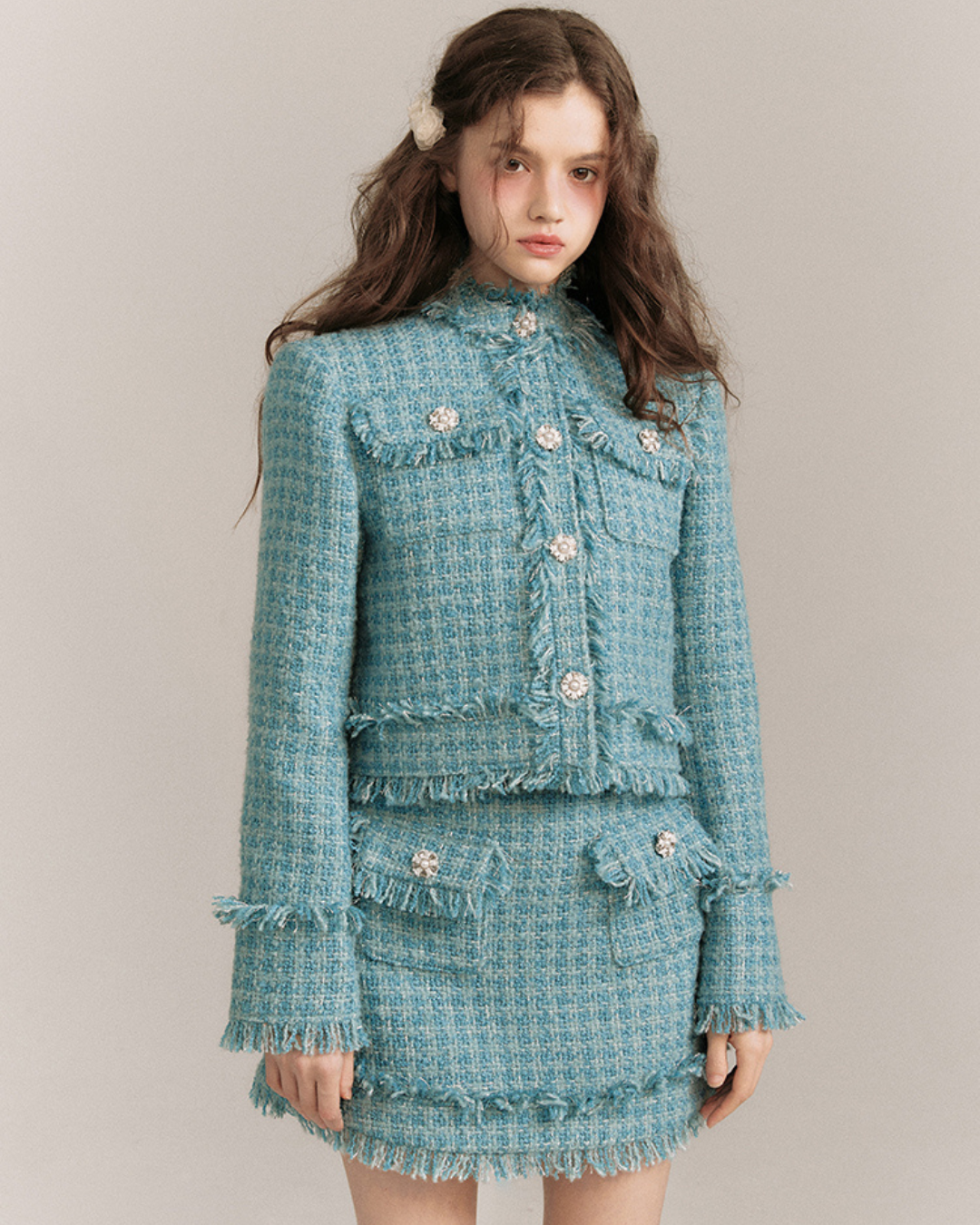 Quiet Blue Wool Woven Jacket & Skirt GOU0096