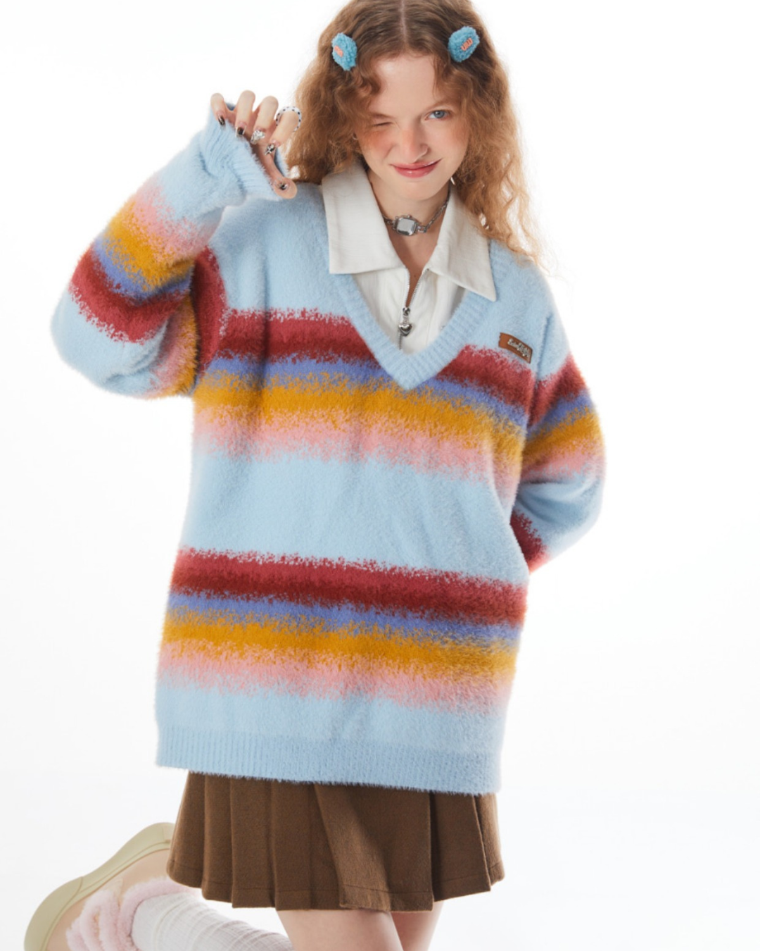 Stitching Rainbow stripes V-neck Sweater ZZF0021