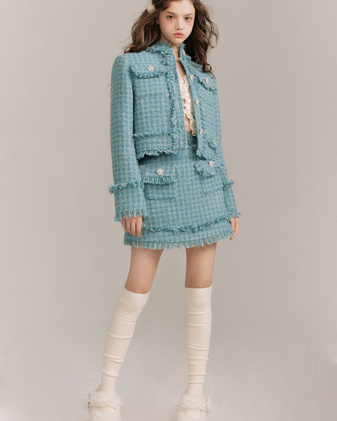 Quiet Blue Wool Woven Jacket & Skirt GOU0096