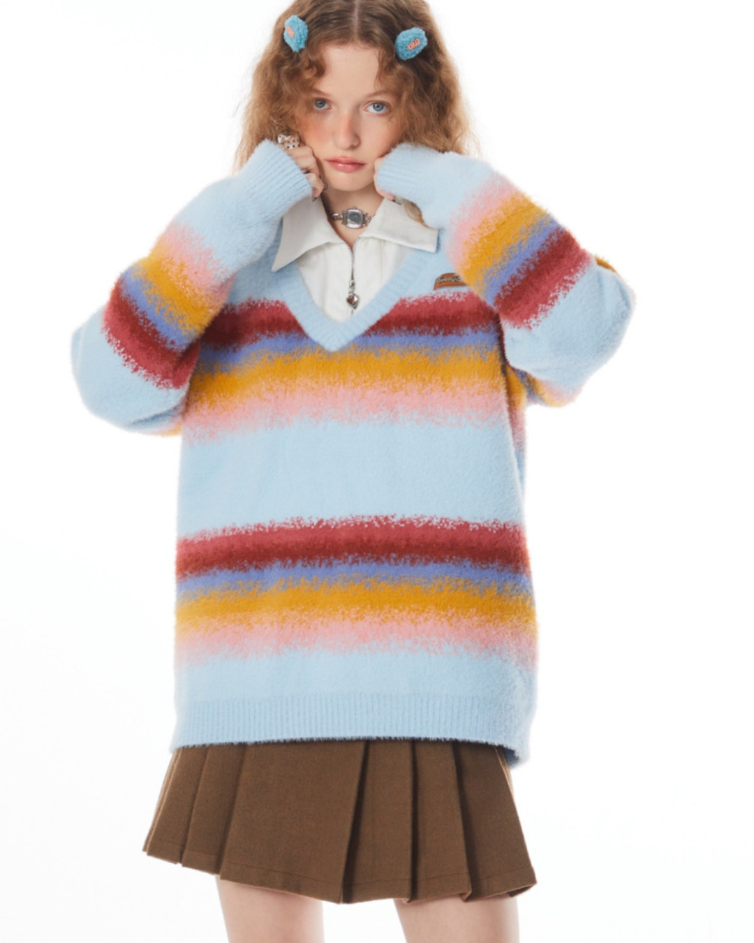 Stitching Rainbow stripes V-neck Sweater ZZF0021