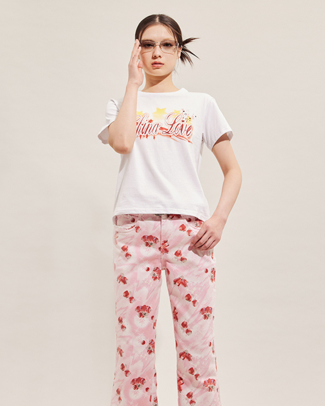 Strawberry Printed Denim Flared Pants CRC0057