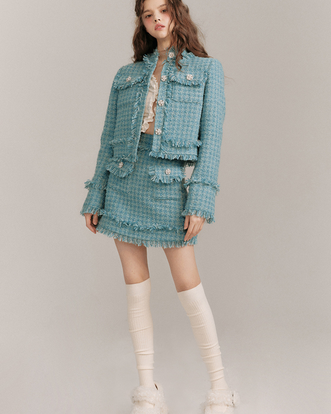 Quiet Blue Wool Woven Jacket & Skirt GOU0096