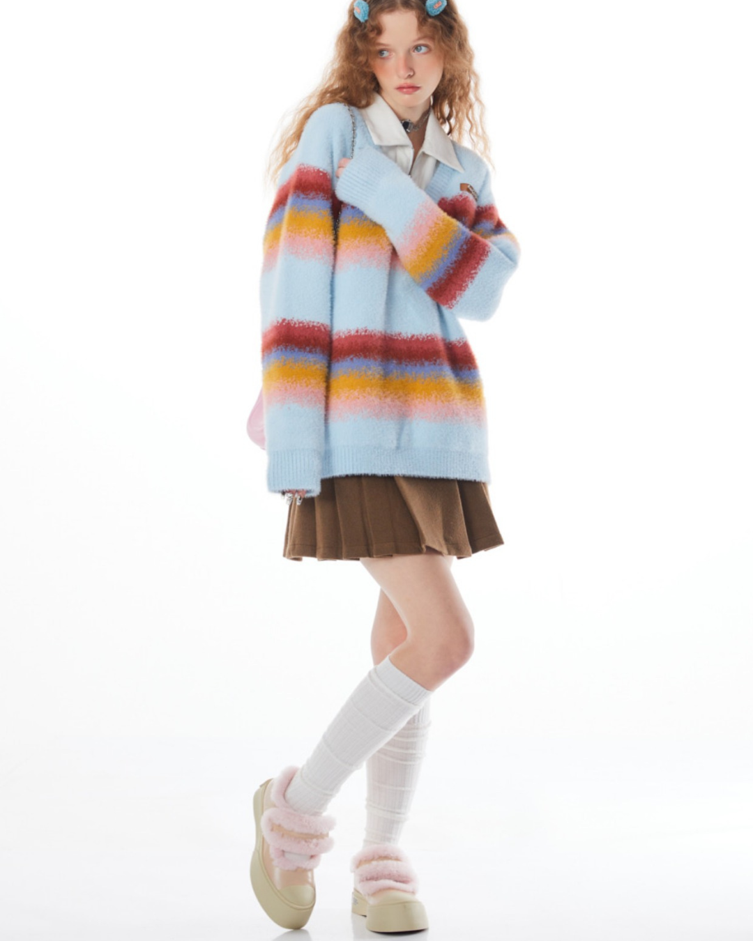 Stitching Rainbow stripes V-neck Sweater ZZF0021