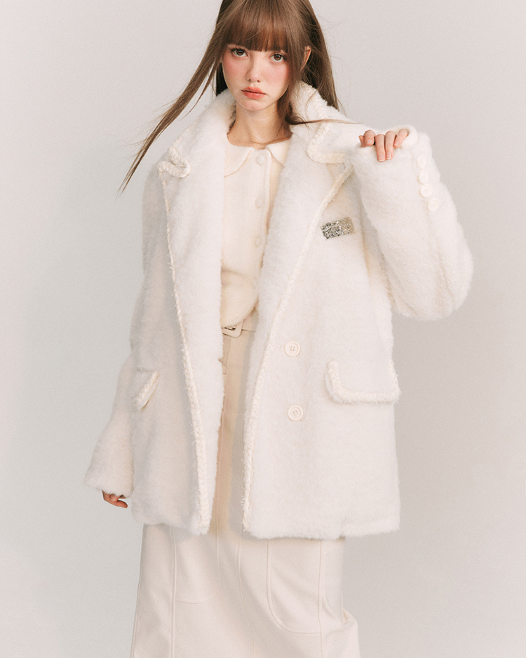 Twist White Woolen Jacket GOU0100