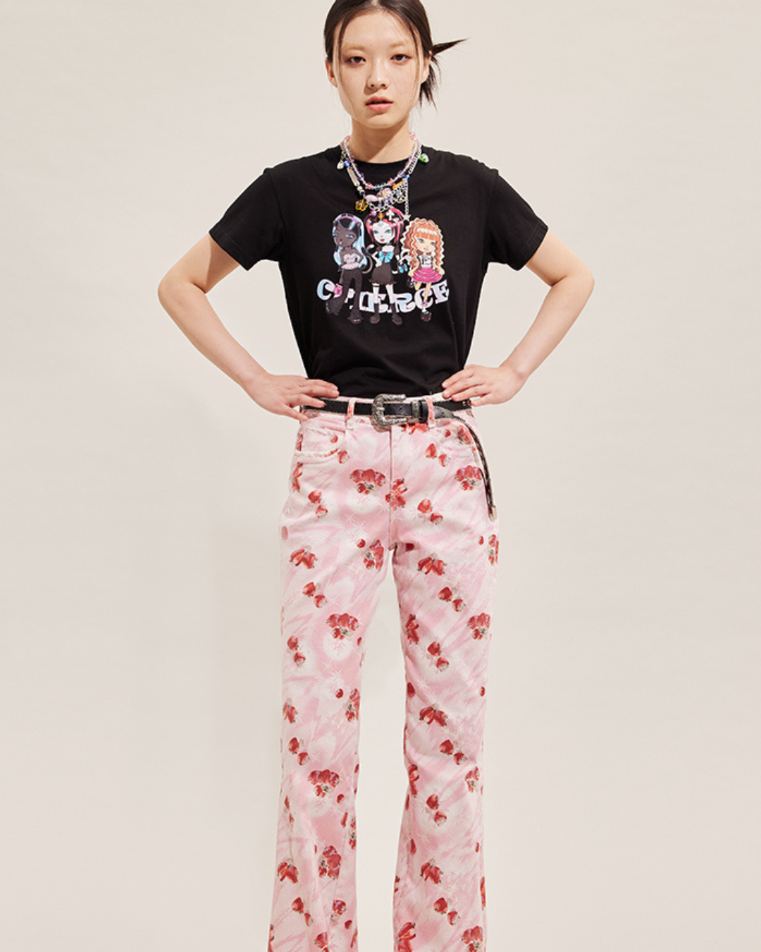 Strawberry Printed Denim Flared Pants CRC0057