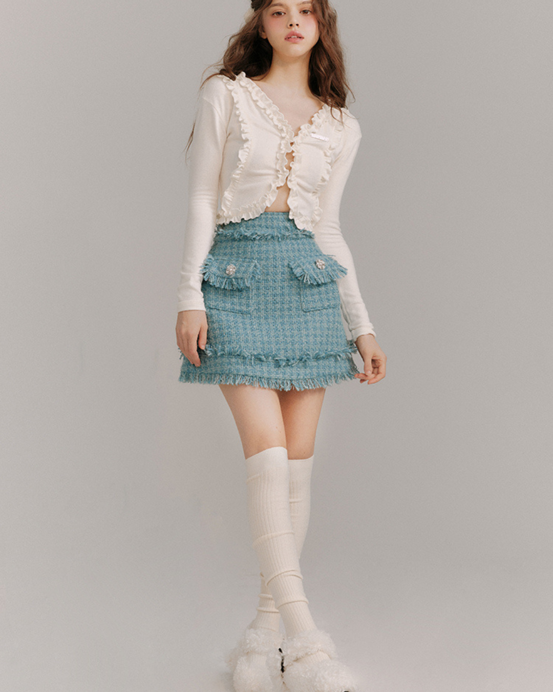 Quiet Blue Wool Woven Jacket & Skirt GOU0096