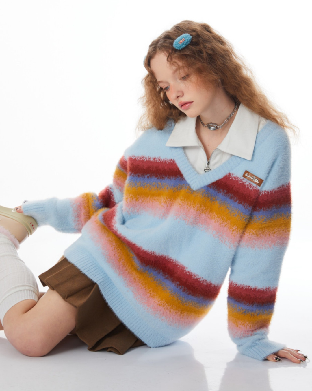 Stitching Rainbow stripes V-neck Sweater ZZF0021