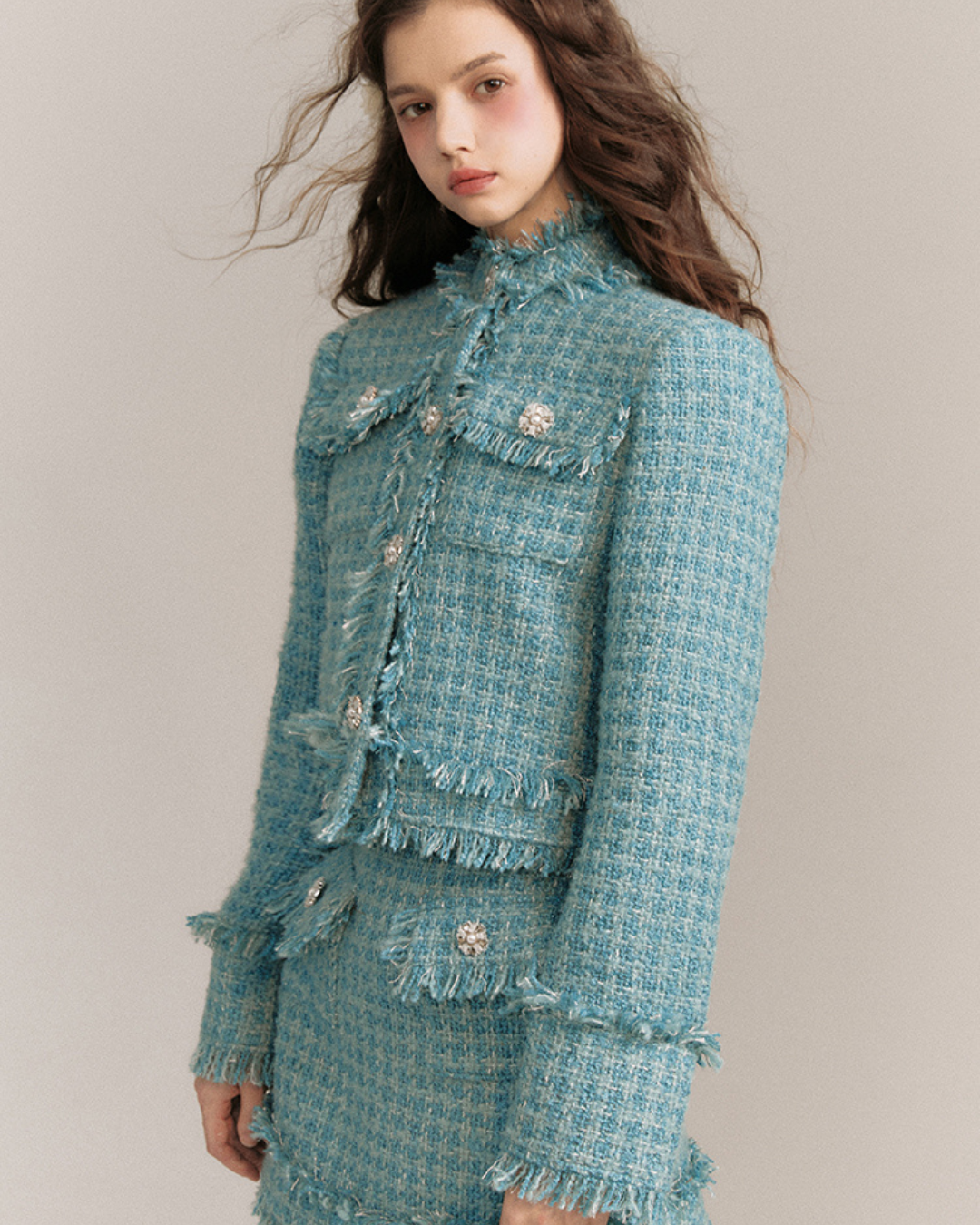 Quiet Blue Wool Woven Jacket & Skirt GOU0096