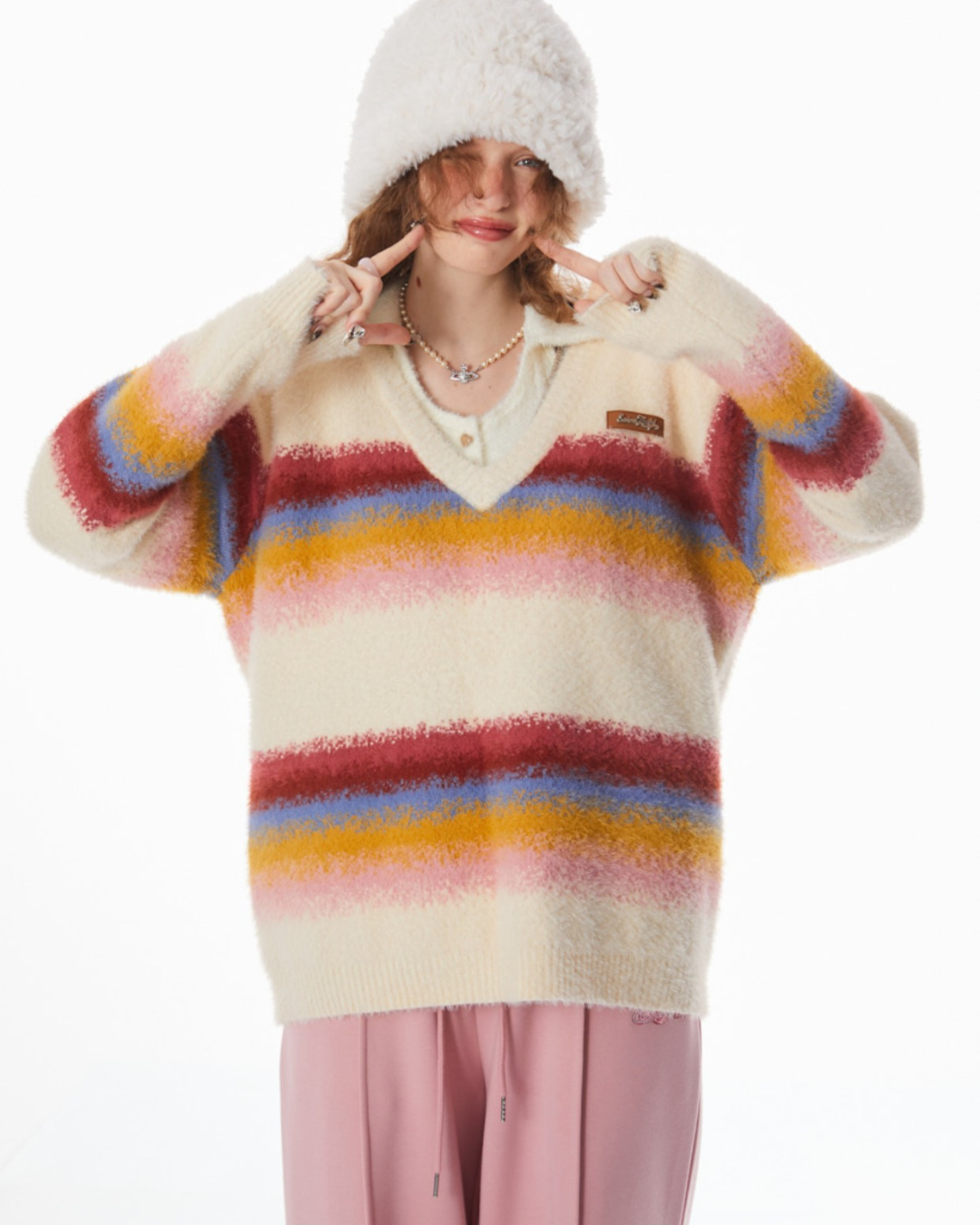 Stitching Rainbow stripes V-neck Sweater ZZF0021