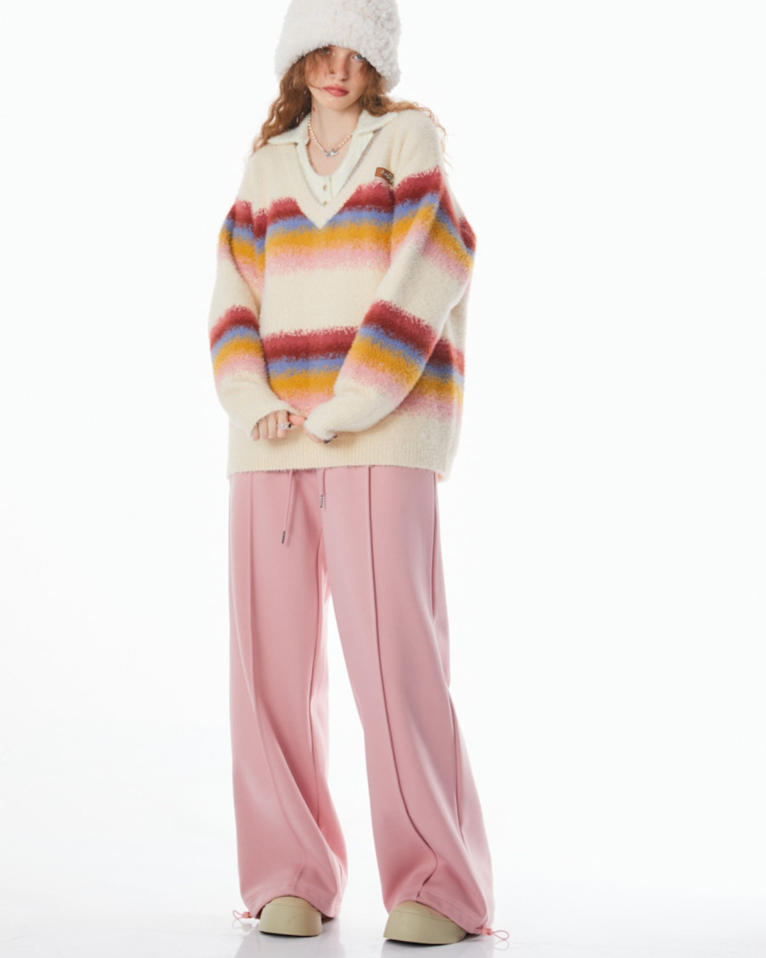 Stitching Rainbow stripes V-neck Sweater ZZF0021