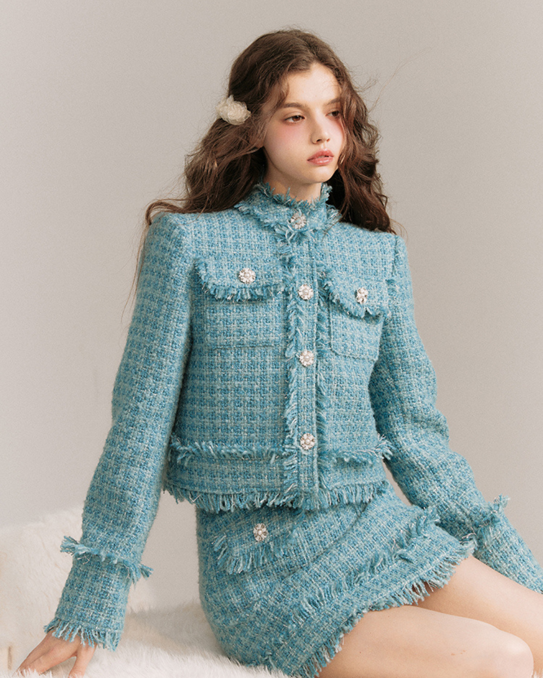 Quiet Blue Wool Woven Jacket & Skirt GOU0096