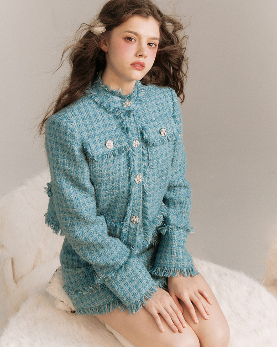 Quiet Blue Wool Woven Jacket & Skirt GOU0096