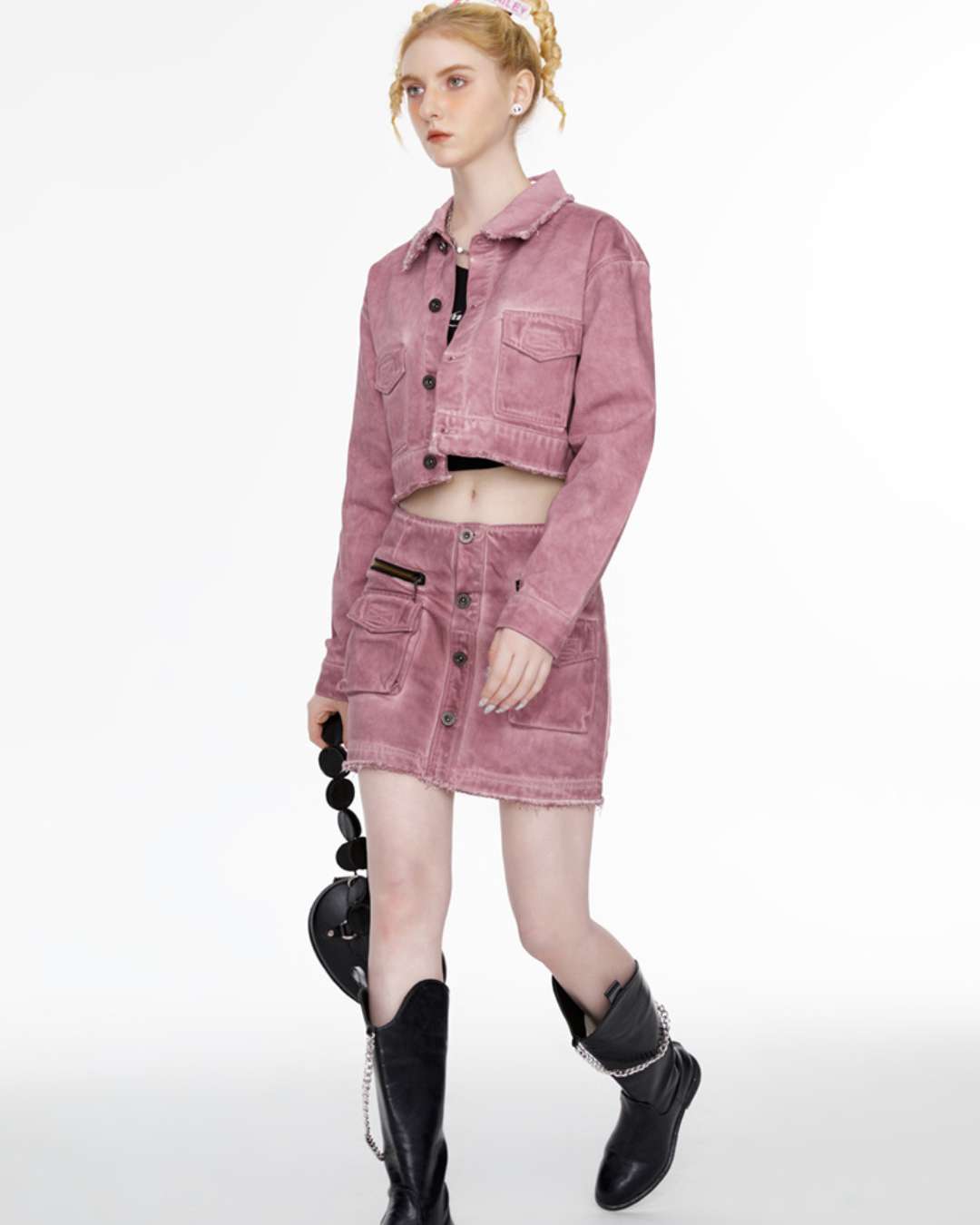 Damaged Pink Denim Jacket＆Skirt GUK0031