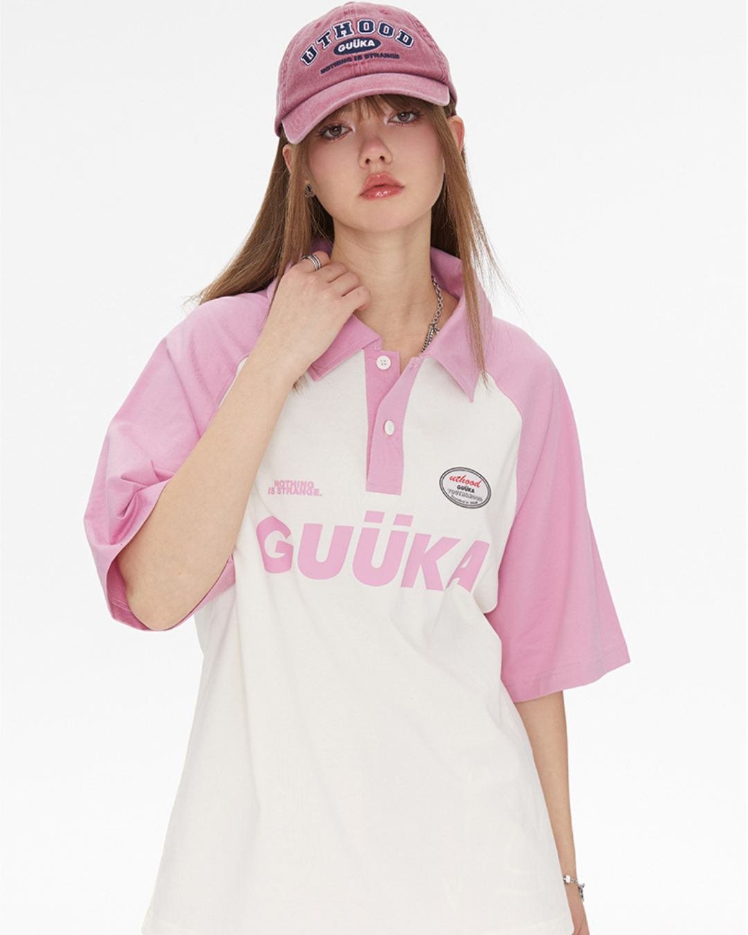 Pink Raglan Sleeve Polo Shirt GUK0037