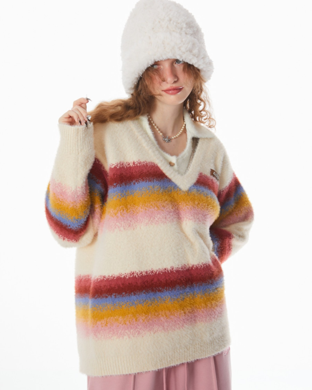 Stitching Rainbow stripes V-neck Sweater ZZF0021