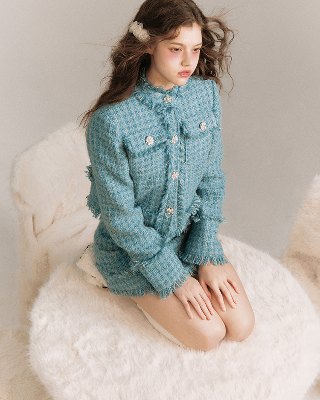 Quiet Blue Wool Woven Jacket & Skirt GOU0096