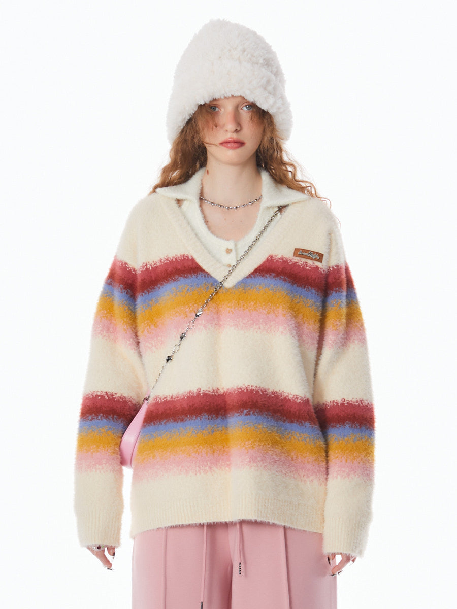 Stitching Rainbow stripes V-neck Sweater ZZF0021