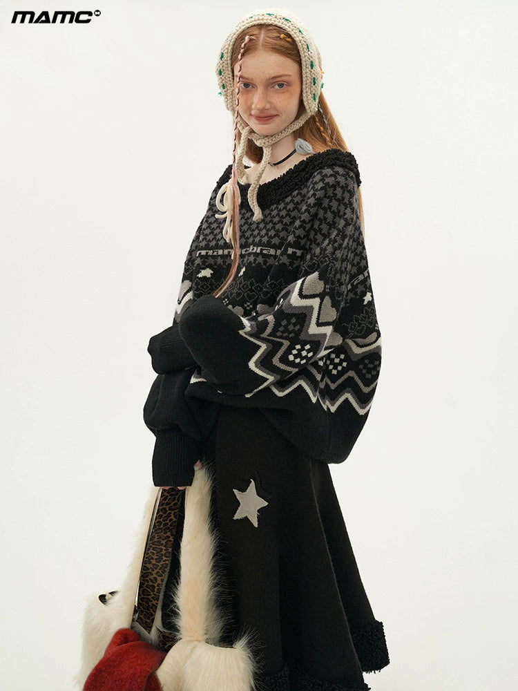 Retro Design Knit & Star Long Skirt MAM0014