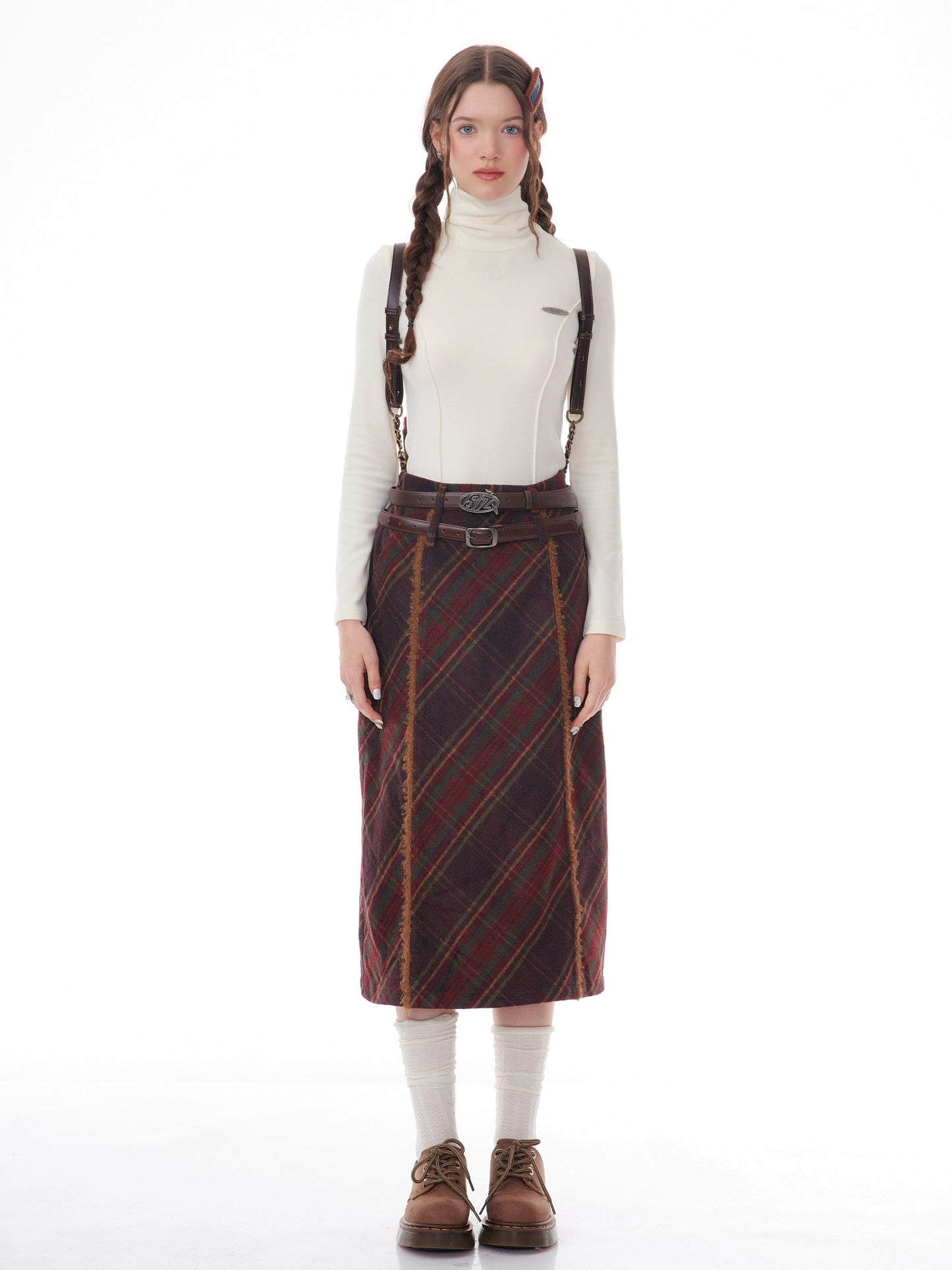 Slim Dark Red Plaid Skirt ZZF0341