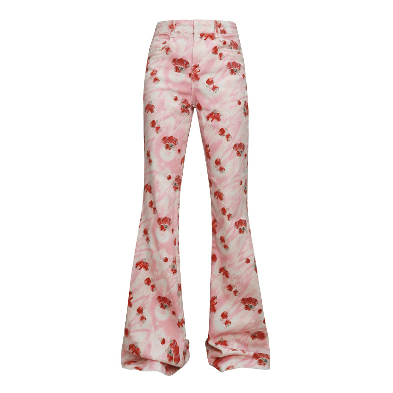 Strawberry Printed Denim Flared Pants CRC0057