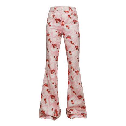 Strawberry Printed Denim Flared Pants CRC0057