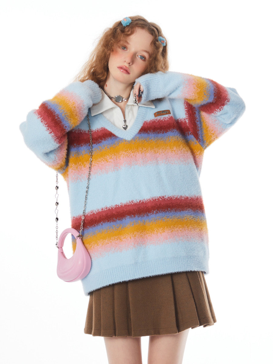 Stitching Rainbow stripes V-neck Sweater ZZF0021