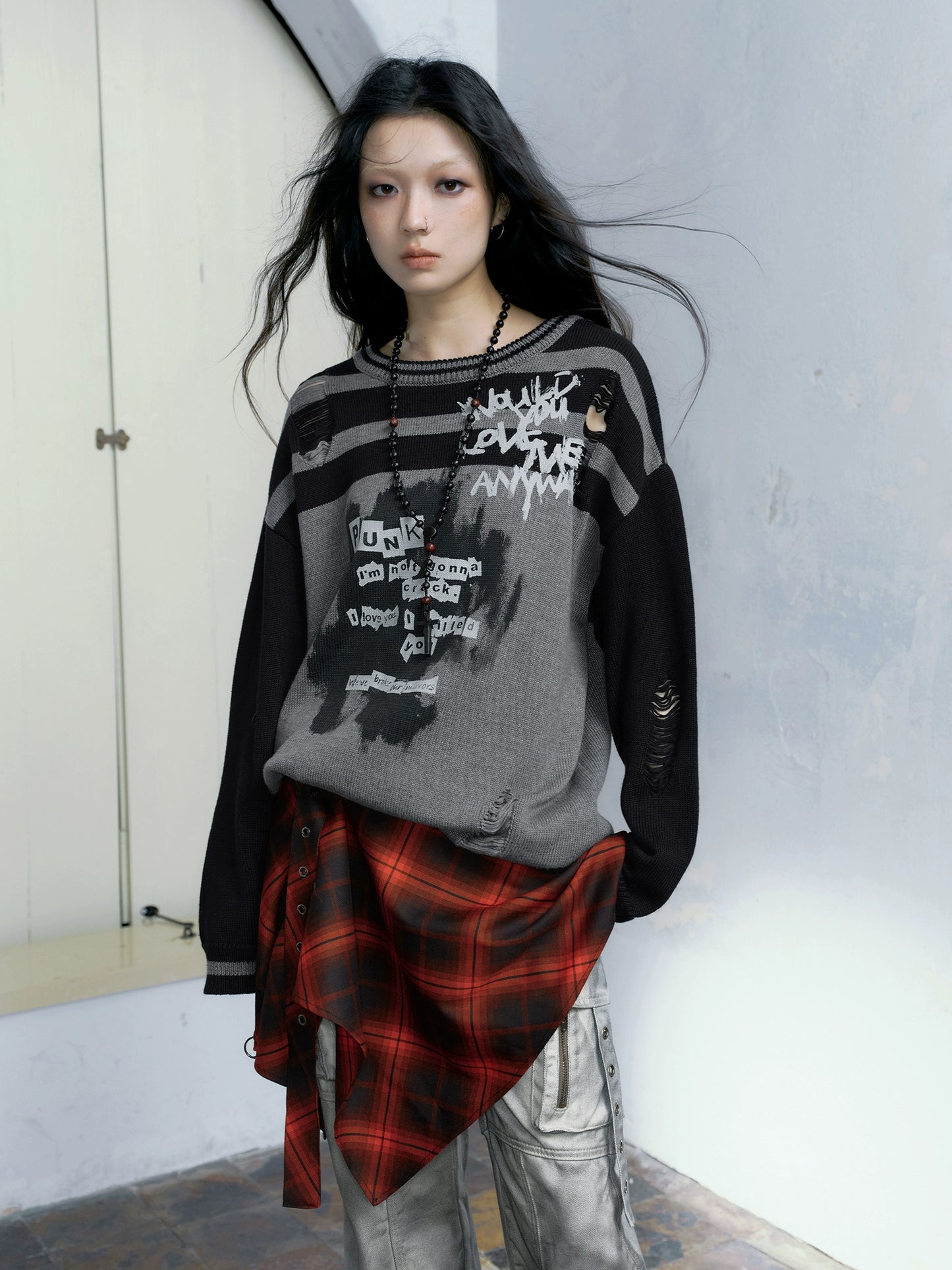 Striped Ripped Graffiti Sweater  CEN0025