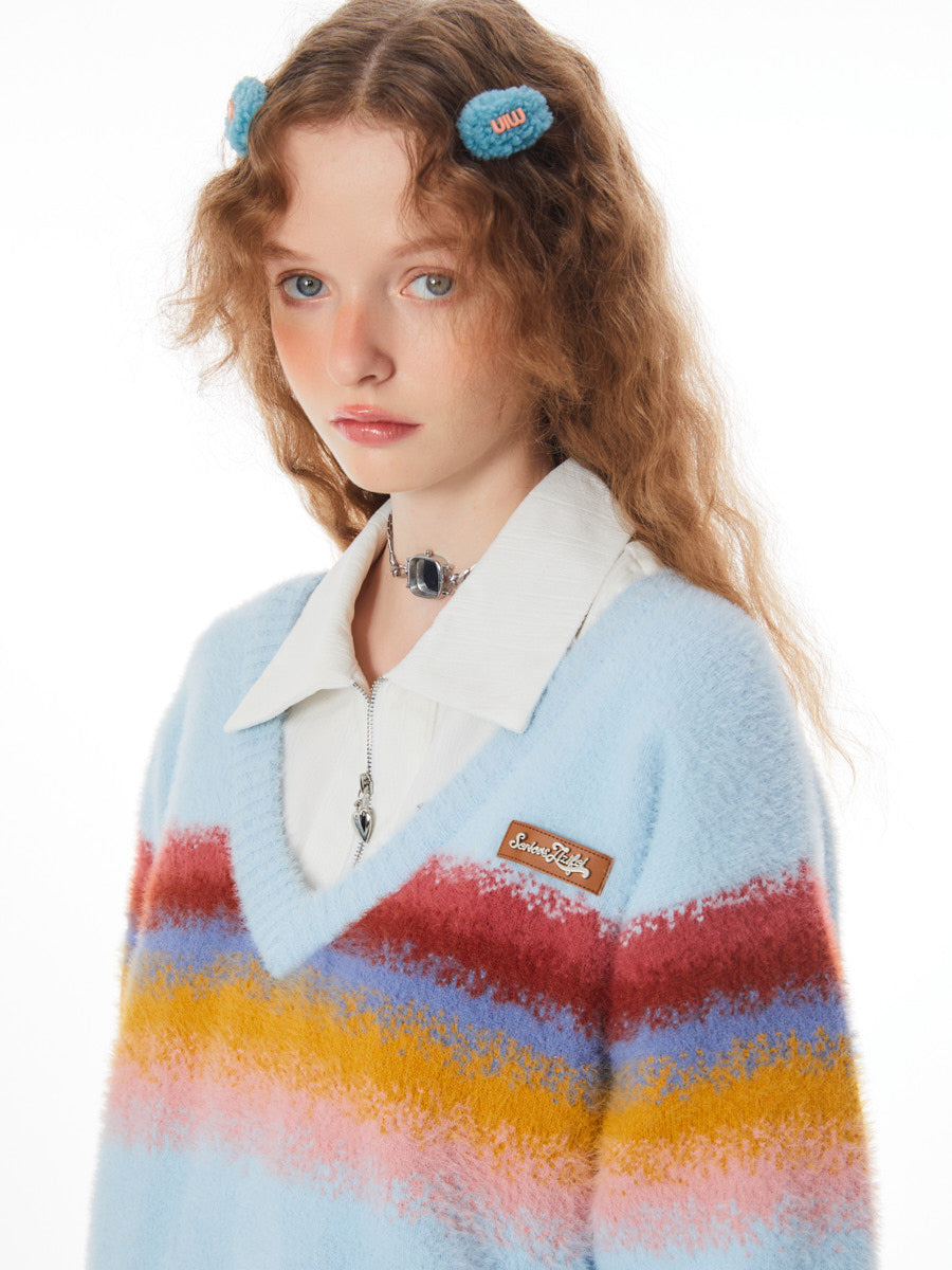 Stitching Rainbow stripes V-neck Sweater ZZF0021