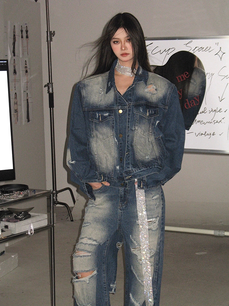 Vintage Denim Jacket & Wide Damaged Denim Pants CCS0005