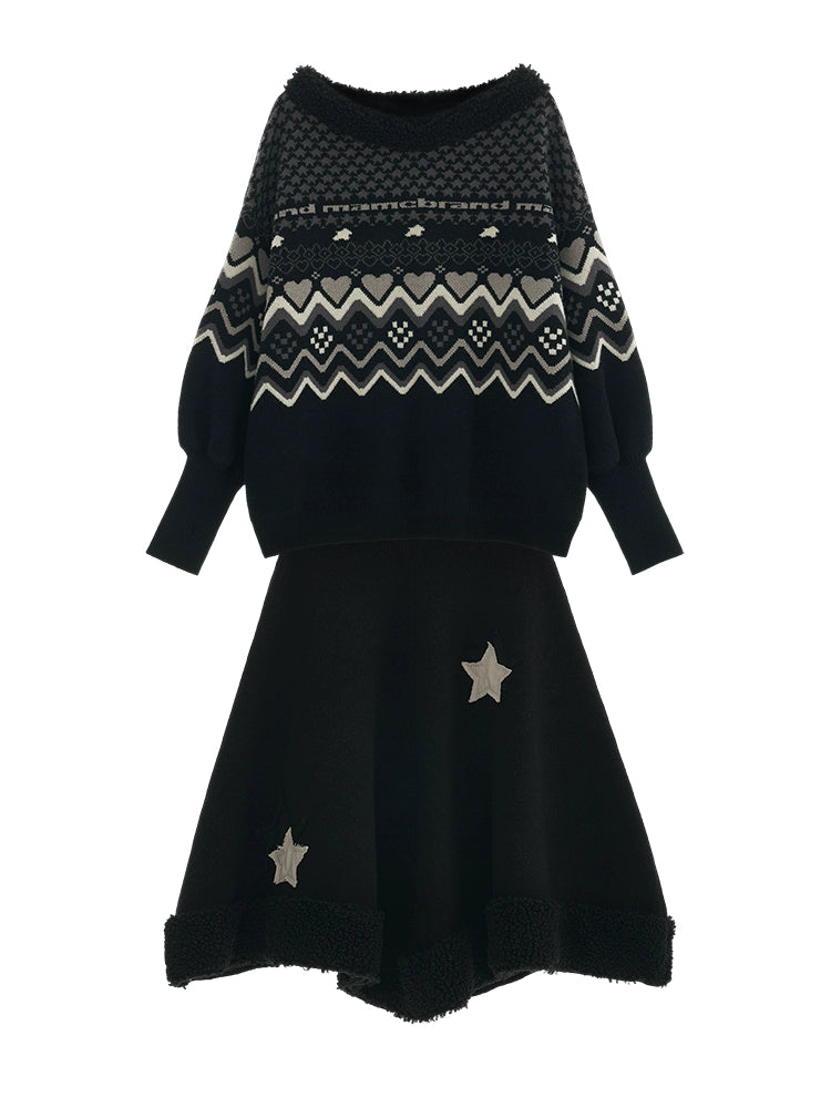 Retro Design Knit & Star Long Skirt MAM0014