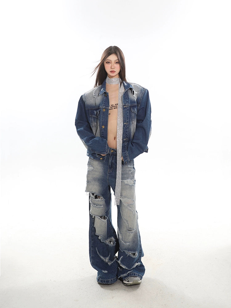 Vintage Denim Jacket & Wide Damaged Denim Pants CCS0005