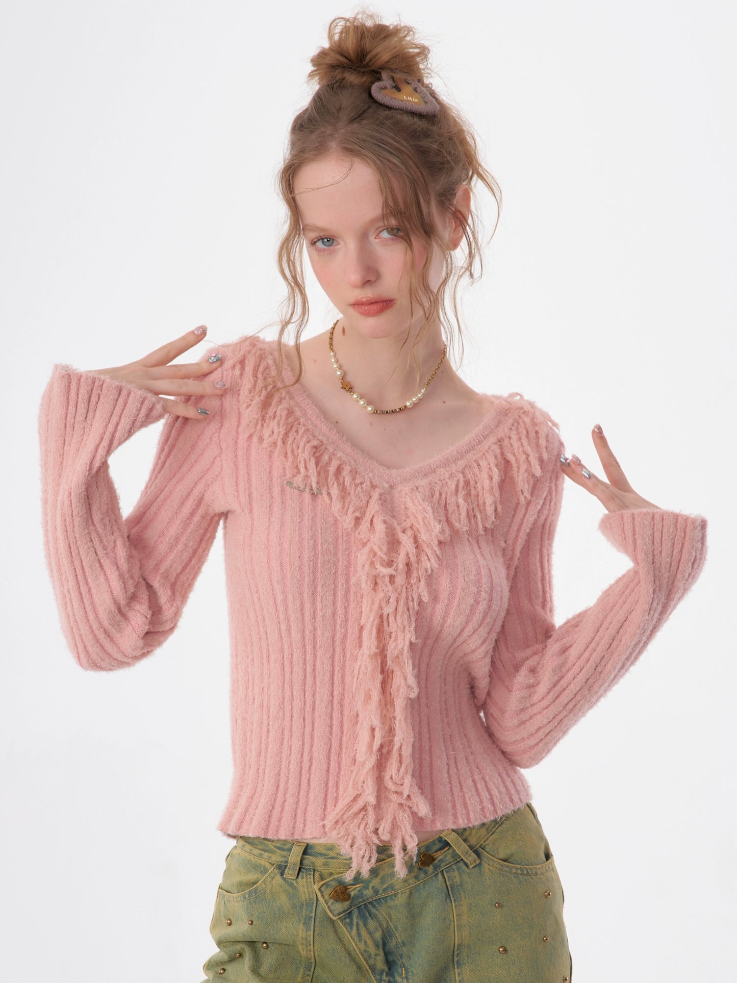 Ruffled Slim Fit V Neck SweaterZZF0327