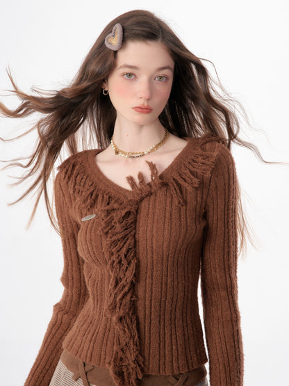 Ruffled Slim Fit V Neck SweaterZZF0327