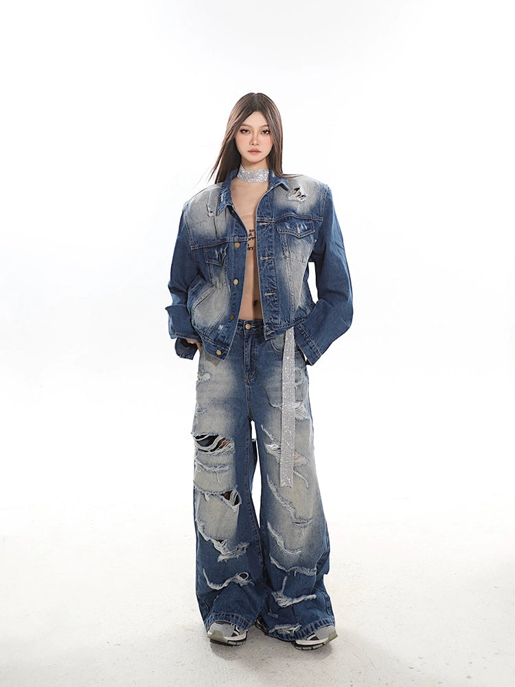 Vintage Denim Jacket & Wide Damaged Denim Pants CCS0005